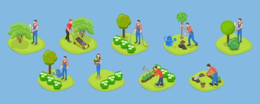 3D Isometric Düz Vektör Bahçe Aletleri ve İnsanlar, Peyzaj Tasarımcıları ve Tarım Ekipmanları