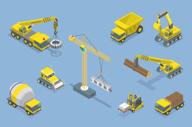 İnşaat Malzemeleri 3B Isometric Düz Vektör Kümesi, İnşaat Çalışmaları için Özel Makineler