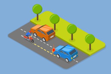 3 Boyutlu İzometrik Motosiklet Kazası, Bisiklet Sürme Kuralları ve Yol Güvenliği İllüstrasyonu
