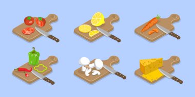 3 Boyutlu Isometric Yemek Pişirme Süreci, Et, Balık, Sebze Kesme Dilimleri Bir Tahtada