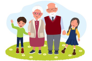 Büyük ebeveynlerin ve torunların düz vektör çizimi, Mutlu Aile