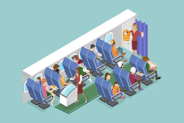 Isometric Flat Vector Illustration Airplane Economy Class Passenger Personnel Jet Stock Vector