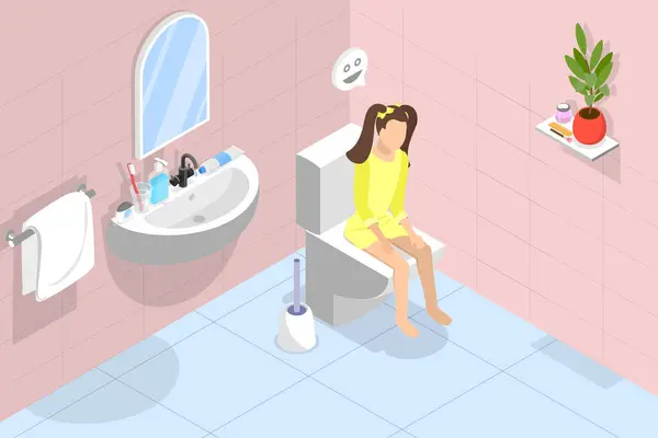 Isometric Flat Vector Ilustracja Dziewczyny Korzystającej Toalety Washroom Rutyna — Wektor stockowy