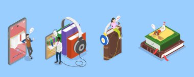 Sanal Kütüphanenin 3B Isometric Düz Vektör İllüstrasyonu, Çevrimiçi Eğitim