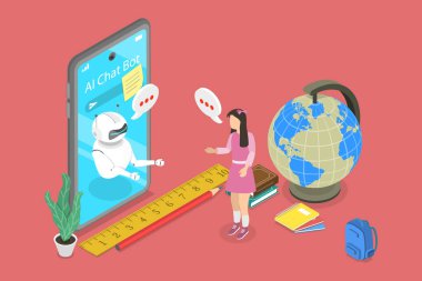 Yapay Zeka ile Çevrimiçi İletişim, AI Chat Bot 'un 3D Isometric Düz Vektör İllüstrasyonu