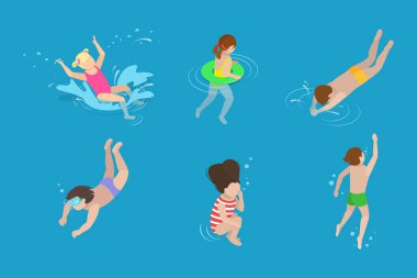 3 Boyutlu Isometric Düz Vektör Çocuk Şnorkelleme, Yüzme Dersleri