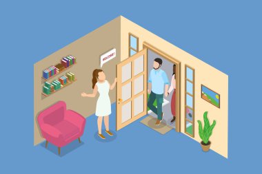 3D Isometric Düz Vektör Gösterim Apartmanı Eşik Konuğu