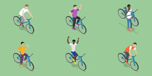 Conjunto Vectores Planos Isométricos Personas Bicicleta Actividad Recreativa Aire Libre Ilustraciones de stock libres de derechos