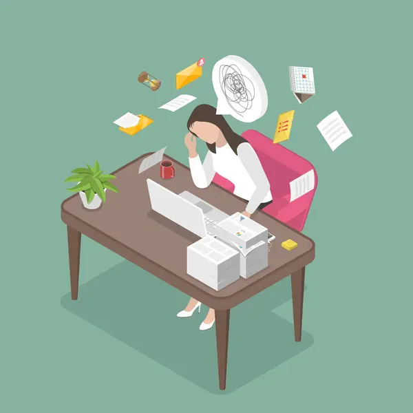 Isometric Flat Vector Illustration Frustrated Overworked Woman Stress Due Burning Stock Illustration