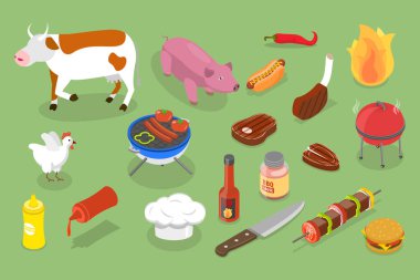 3 Boyutlu Isometric Barbekü Nesneleri, Izgara veya Piknik Öznitelikleri Düz Vektör Kümesi