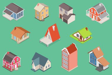 3D Isometric Köy Binaları Düz Vektör Kümesi, Çeşitli Küçük ve Büyük Evler