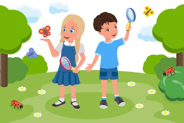 Doğayı Gözlemleyen Çocuklar, Meraklı Çocuklar Büyüteçle Bitkileri İnceleyen Düz Vektör Çizimi