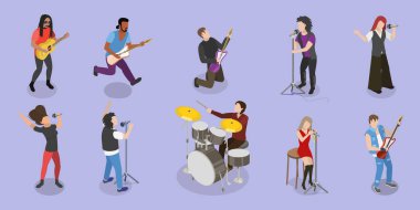 Rock müzisyenlerinin 3D Isometric Flat Vlat İllüstrasyonu, Müzik Enstrümanları Çalan Genç Sanatçılar