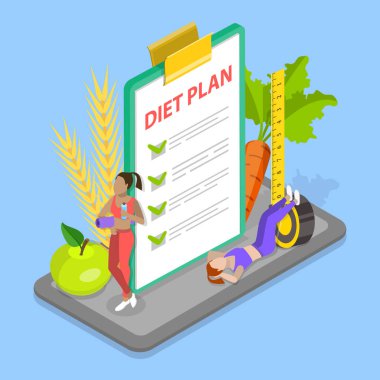 3 Boyutlu Isometric Düz Vektör İllüstrasyon Diyet Planı Kontrol Listesi, Kalori Kontrolü, Bireysel Beslenme