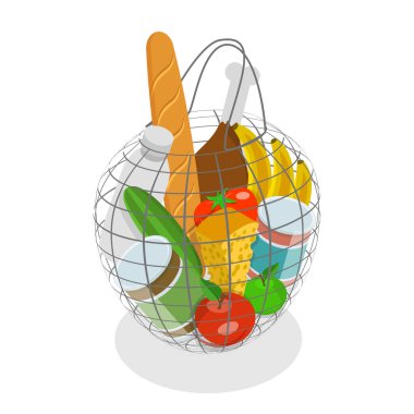3D Isometric Flat Illustration of Shopping Bags, Different Grocery Sets. Item 3 clipart