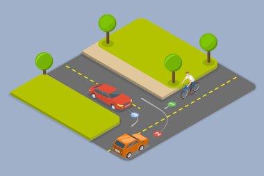 Yaklaşan Bisikletçiye Yol Vermenin 3D Isometric Düz Vektör İllüstrasyonu, Trafik Yönetmeliği Kuralları ve İpuçları