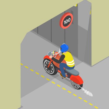 3B Isometric Motorsiklet Sürüşünün Düz Vektör İllüstrasyonu, Güvenli Motosiklet Sürüşü