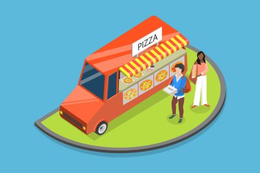 3 Boyutlu Isometric Düz Vektör Pizzacı Resimleri, Sokak Yemekleri
