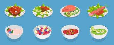 3 Boyutlu Isometric Düz Vektör Sağlıklı Tabak, Dengeli Beslenme