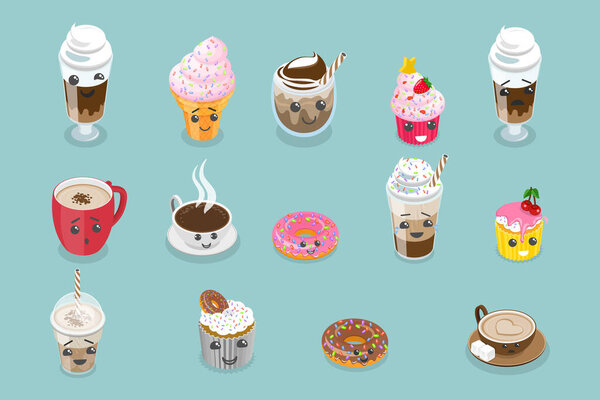 3D изометрический плоский векторный набор милых продуктов Kawaii, смешные персонажи