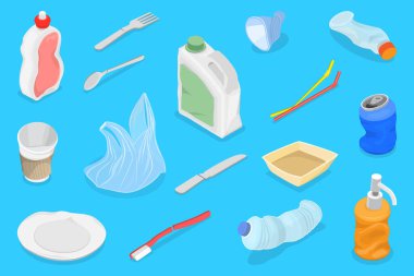 3D Isometric Plastik Atık, Çevresel Kirlilik Düz Vektör Kümesi