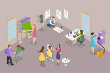 Moda Atıcısı İşçilerinin 3D Isometric Düz Vektör İllüstrasyonu, Dressmaking Atölyesi İçişleri