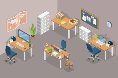 3D Isometric Flat Vektör Polis Teşkilatı Görüntü, Polis Merkezi Ekipmanlarıyla İçişleri