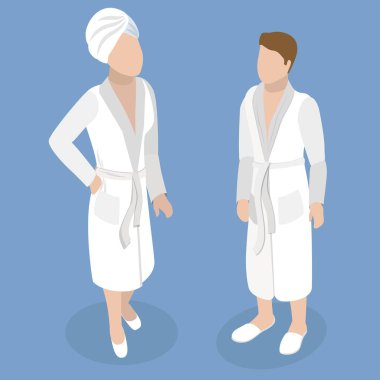 3 Boyutlu Isometric Düz Vektör Cüppeli Çift, Bornozlu Bir Erkek ve Bir Kadın