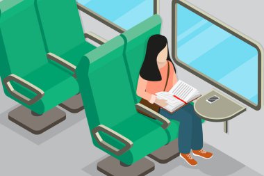 Bir Trende Okuma, Seyahat Ederken Rahatlamanın 3B Isometric Düz Vektör İllüstrasyonu