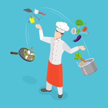3 Boyutlu Isometric Flat Vektör Illustration of Professional Chef, Chef in Uniform and Cap Çevrelenmiş Uçan Tencere ve İçindekiler