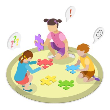 3D Isometric Otizm Tedavisinin Düzey Vektör İllüstrasyonu, Gecikmiş Dil Yetenekleri, Gelişim Bozukluğu. Madde 1