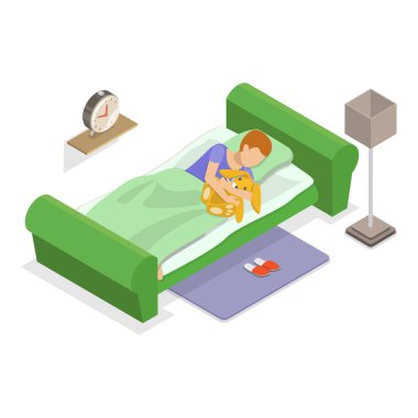 3D Isometric Düz Vektör Illustration of Schoolchild Daily Routine, A Kid Life with Everyday Actitivity. Madde 1