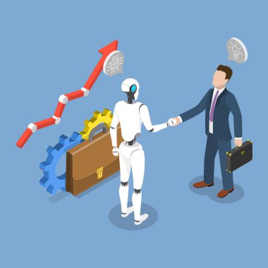 3 Boyutlu Isometric Ai Robotla Sözleşmenin Düz Vektör İllüstrasyonu, Robotla Tokalaşma