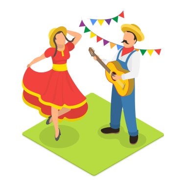 3D Isometric Festa Junina 'nın Yassı Vektör İllüstrasyonu, Geleneksel Brezilya Festivali. Madde 4