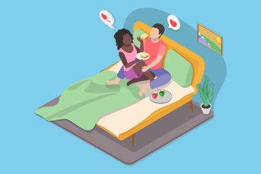 3D Isometric Sabah Ritüeli, Romantik İlişki Keyifli Düz Vektör İlülasyonu