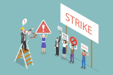 Grevdeki İşçilerin 3D Isometric Flat Vektör İllüstrasyonu, Çalışan Ödeme ve Çalışma Koşulları Protestosu