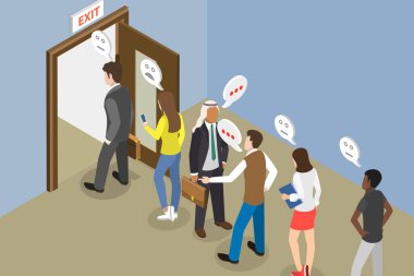 3B Isometric Düz Vektör İstifa ve Görevden Alma, İşçiler Ofisten Çıkmak İçin Kuyruk Oluşturdu