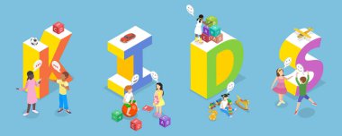 3 Boyutlu Isometric Çocukların Sabit Vektör İllüstrasyonu, Mutlu Çocuklar Birlikte Eğleniyor