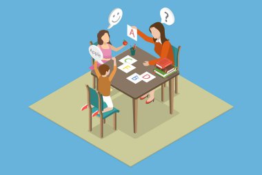 3 Boyutlu Isometric Düz Vektör Öğrenme Alfabesinin İllüstrasyonu, Öğretmenle Anaokulundaki Çocuklar