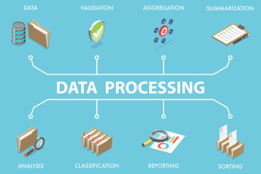 Veri İşleme, İstatistik ve Analizlerinin 3B Isometric Düz Vektör İllüstrasyonu