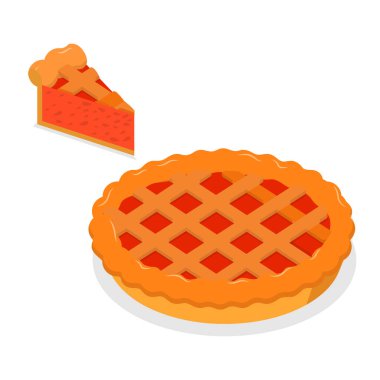 3 Boyutlu Isometric Düz Düz Turta ve Dilimler, Amerikan Ev Yapımı Geleneksel Tatlılar. Madde 1