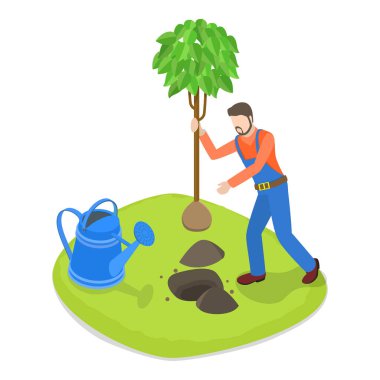 3 Boyutlu Isometric Flat vektör seti Bahçe Aletleri ve İnsanlar, Peyzaj Tasarımcıları ve Tarım Malzemeleri. Madde 7