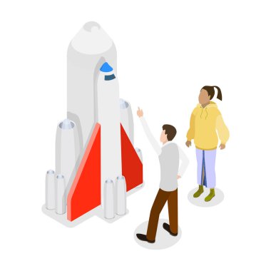 3D Isometric Düz Vektör Sergisi Planetaryum Gezisi, Müze Astronomi Sergisi. Madde 1