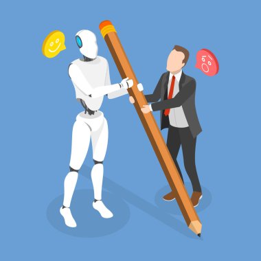 İnsan ve Otomatik Teknolojiyle İşletme Entegrasyonunun Yapay Zeka Çalışmalarının 3 Boyutlu Flat Vektör İlülasyonu