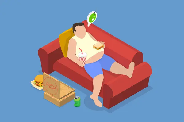 stock vector 3D Isometric Flat Vector Illustration of Overeating, Lazy Overweight Man Lounging on Couch