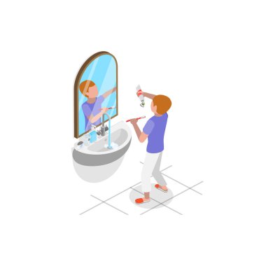 3D Isometric Düz Vektör Illustration of Schoolchild Daily Routine, A Kid Life with Everyday Actitivity. Madde 7
