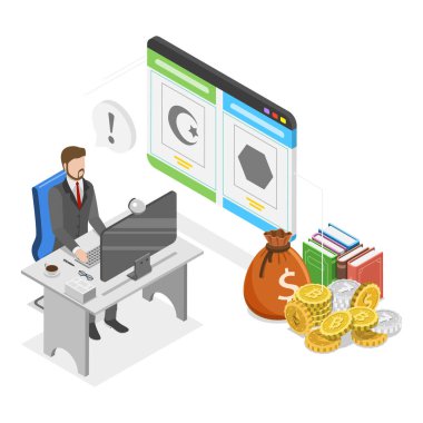 Blockchain Digital Technology 'nin 3D Isometric Düz Vektör İllüstrasyonu, NFT Pazaryeri. Madde 1