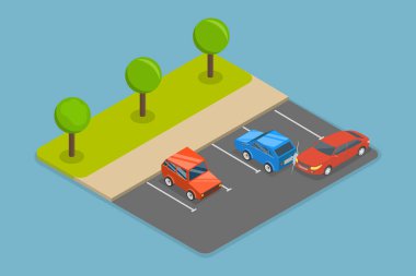 3D Isometric Düz Vektör Kasa Park İpuçları, Trafik Kazası