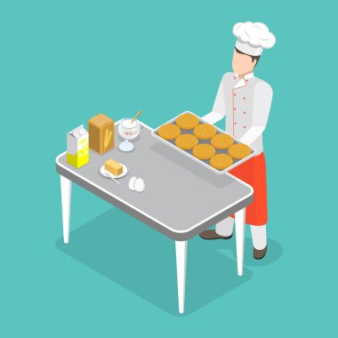 3D Isometric Düz Vektör Görüntü Man Baker, Profesyonel Aşçılık