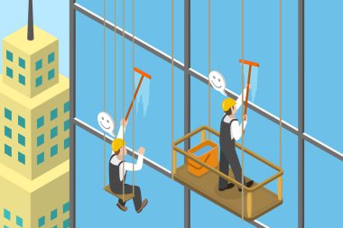 3B Isometric Düz Vektör Temizlik Ofisi Pencereleri, Endüstriyel Tırmanışçılar Yüksek İrtifada Pencereleri Siliyor
